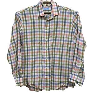 Toscana Aqua 100% Linen Button Up Shirt Men XL Pastel Pink Green Blue Checker